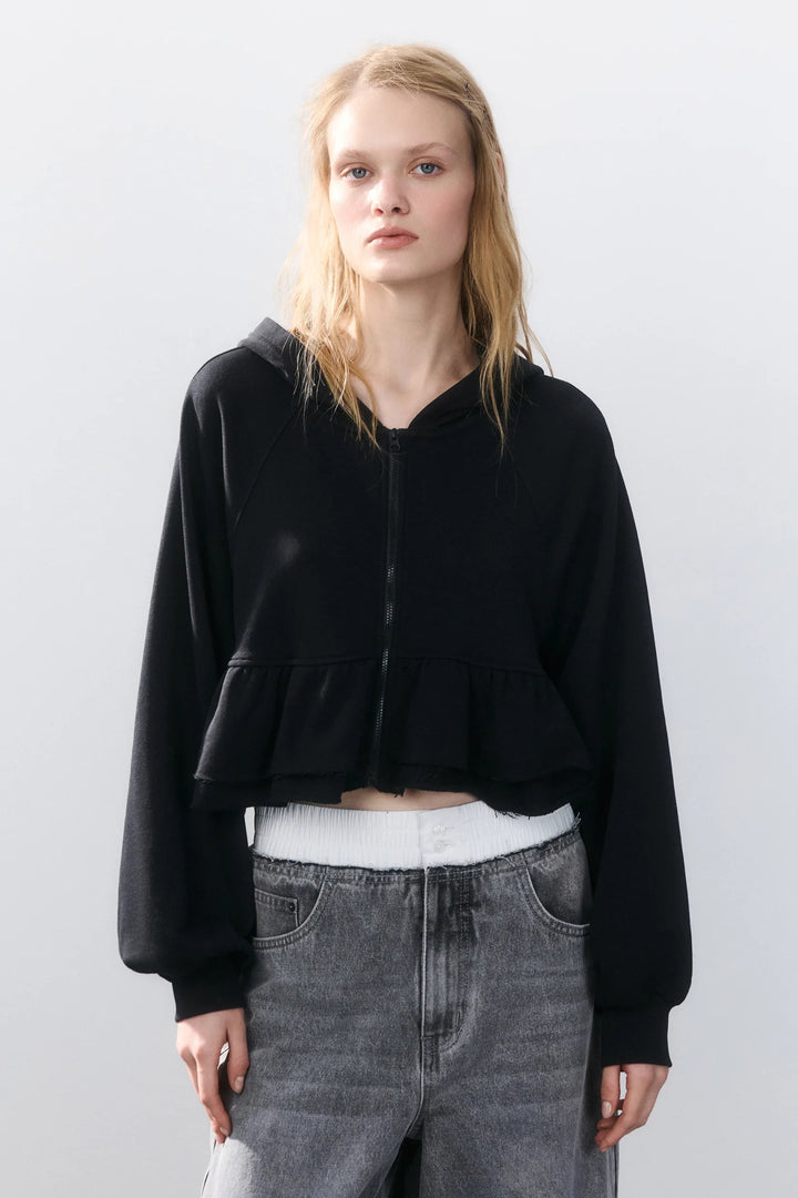 Cropped hoodie for women with a playful ruffle design Lune London