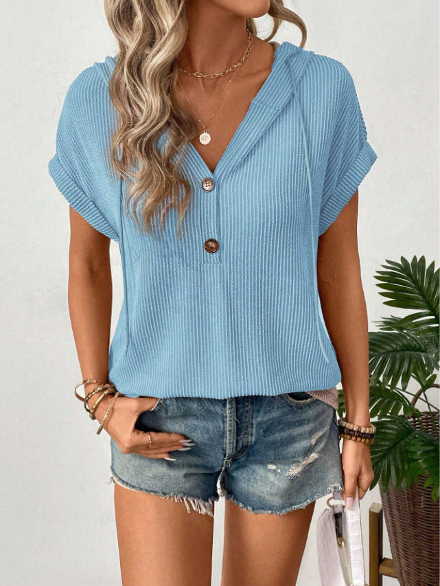 Casual short sleeve shirt for women with button placket and hood Lune London