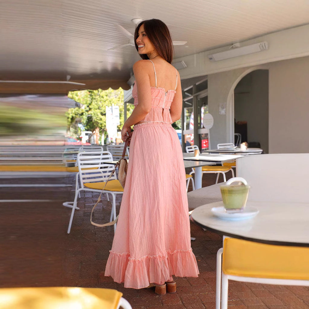 Chic & Style Adjustable Neckline Women's Airy Maxi Dress with Ruffle Details