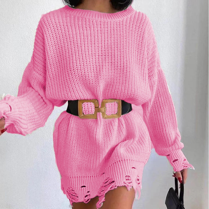 Knitted dress for women with asymmetric hem and trendy belt Lune London