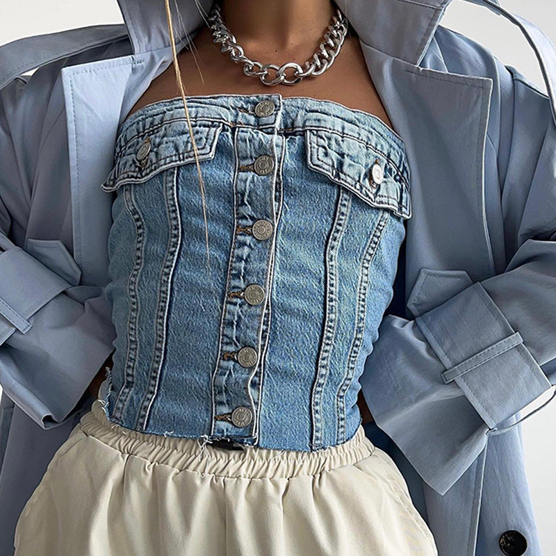 Lune London women's denim bustier top with button closure