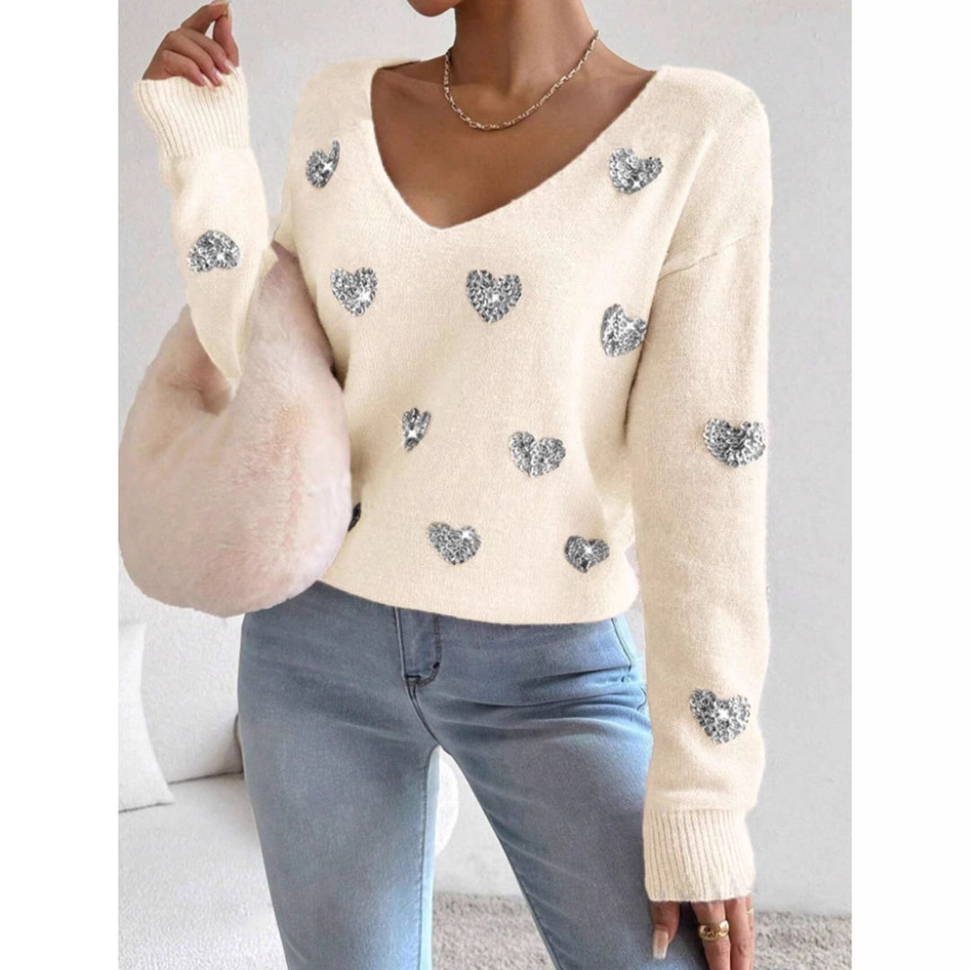 Pull surdimensionné pour femmes avec décolleté en V profond et motif cœur Chic & Stil