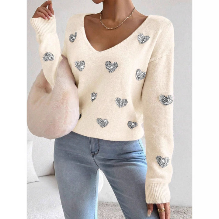 Pull surdimensionné pour femmes avec décolleté en V profond et motif cœur Chic & Stil