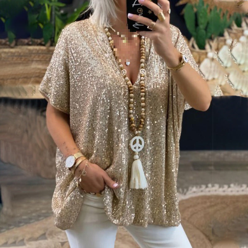 T-Shirt tunique paillettes glamour pour femmes avec décolleté en V Lune London