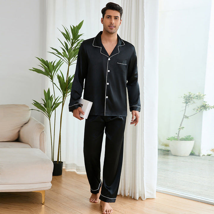 Men's Satin Pajama Set with Classic Collar and Elegant Contrast Stitching Lune London