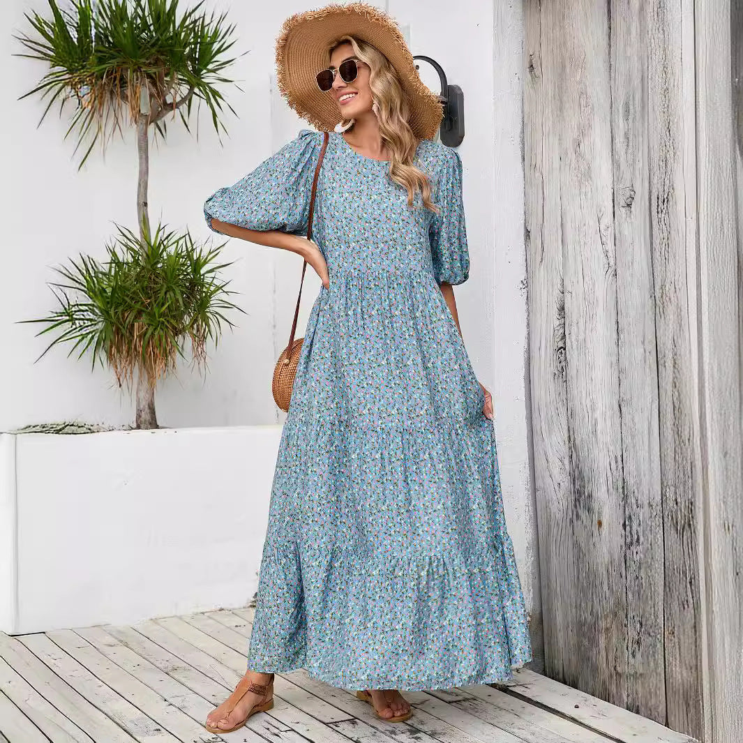 Lune London bohemian maxi dress for women with puff sleeves