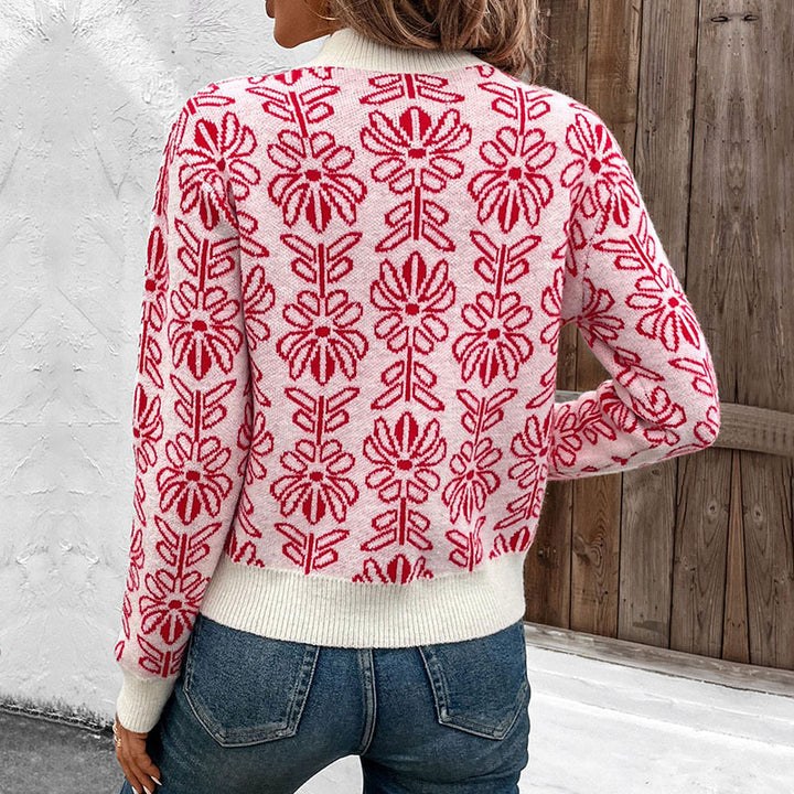 Knit sweater for women with floral patterns and an elegant high collar Lune London
