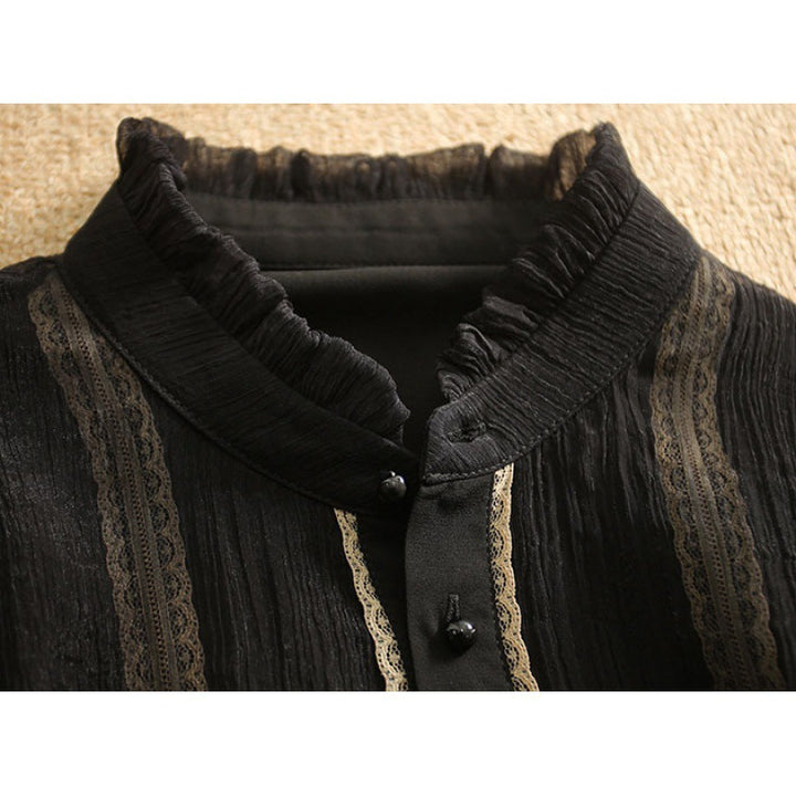 Elegant long sleeve blouse for women with ruffled collar and button details Lune London