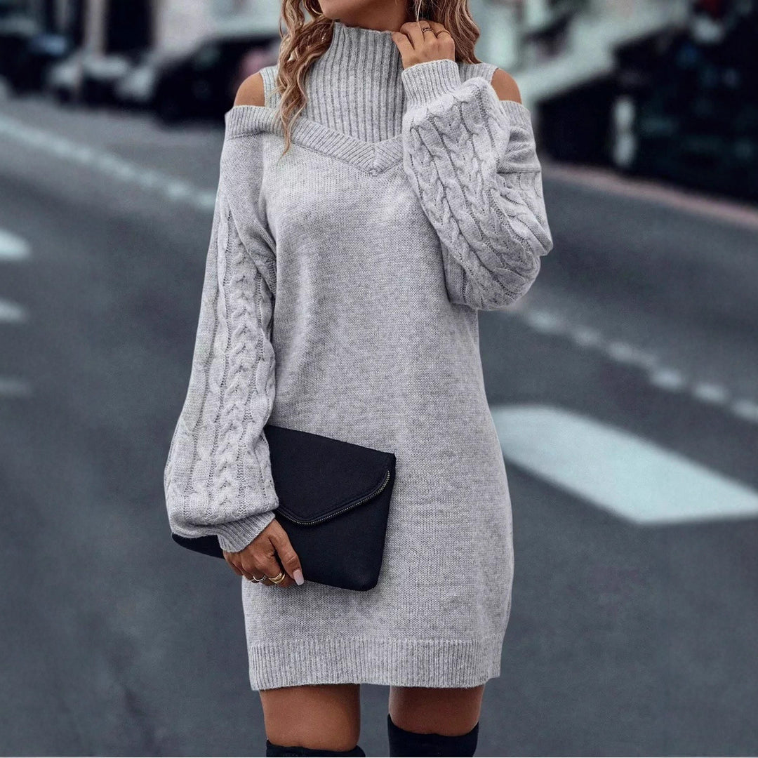 Knit dress for women with off-the-shoulder design and structured high collar Lune London