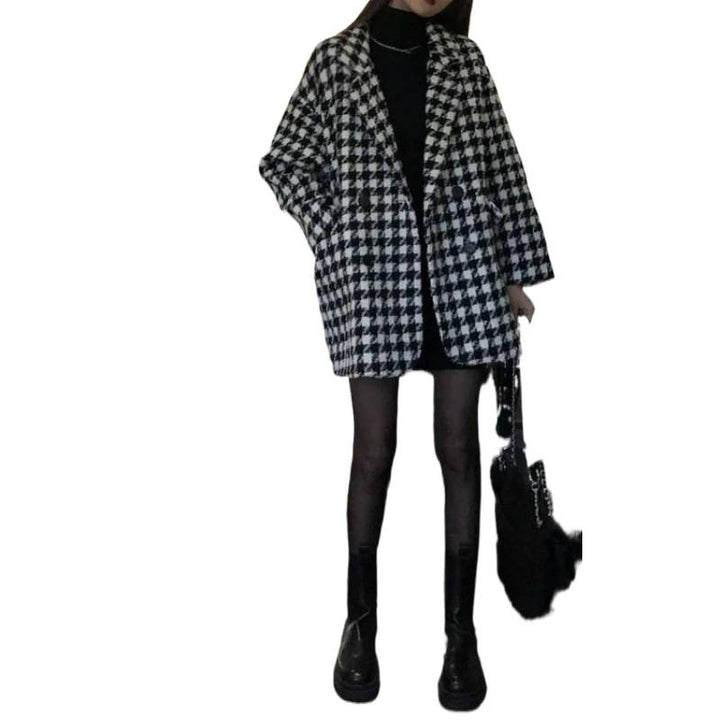 Women Oversized Check Coat with Double Button Placket Chic & Stil