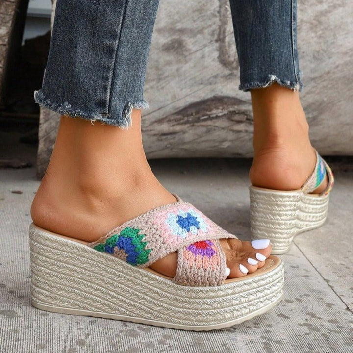 Comfortable wedge sandals for women with a colorful crochet design Lune London