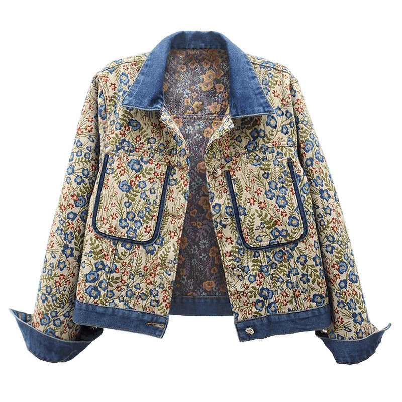 Floral patterned denim jacket for women with applied pockets and collar Lune London