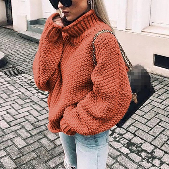 Women's Chunky Knit Pullover with Stand-Up Collar and Voluminous Sleeves Lune London