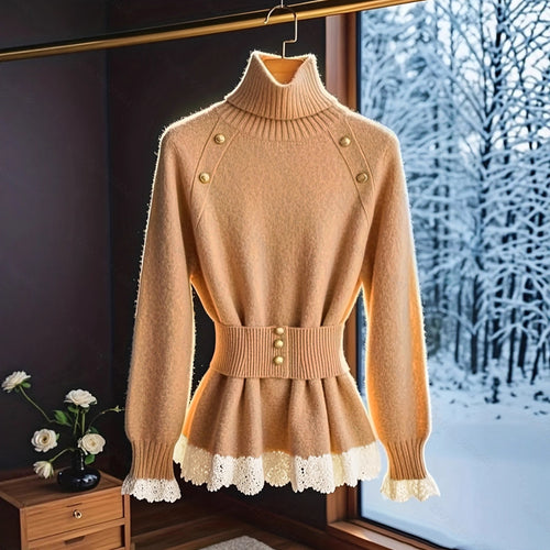 Lune London Elegant knitted sweater for women with high collar and decorative button details