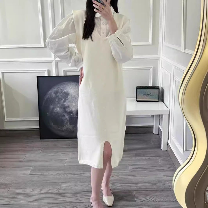 Knee-length knit dress for women with button placket and V-neck Lune London