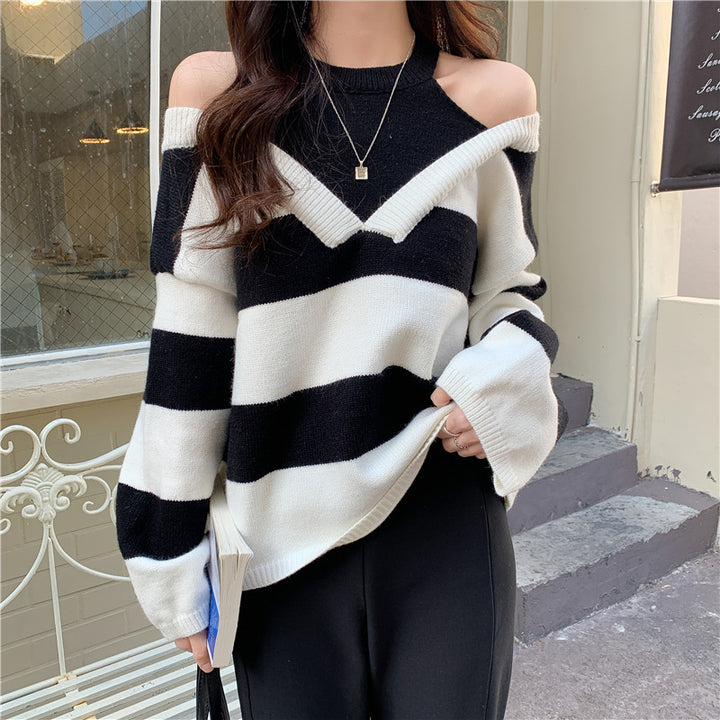 Pull décontracté pour femmes avec motif rayé moderne et découpes aux épaules Chic & Stil