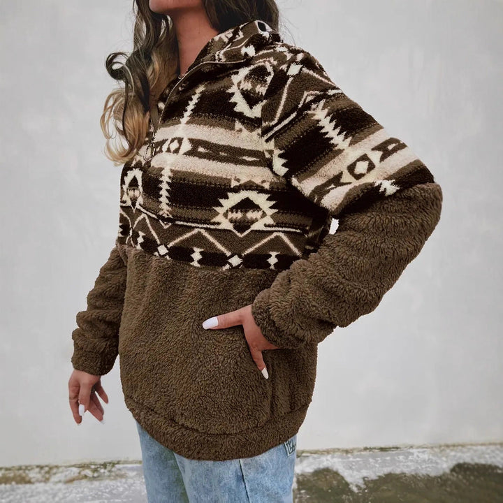 Women's Fleece Pullover with Modern Aztec Pattern and Stand-Up Collar Lune London