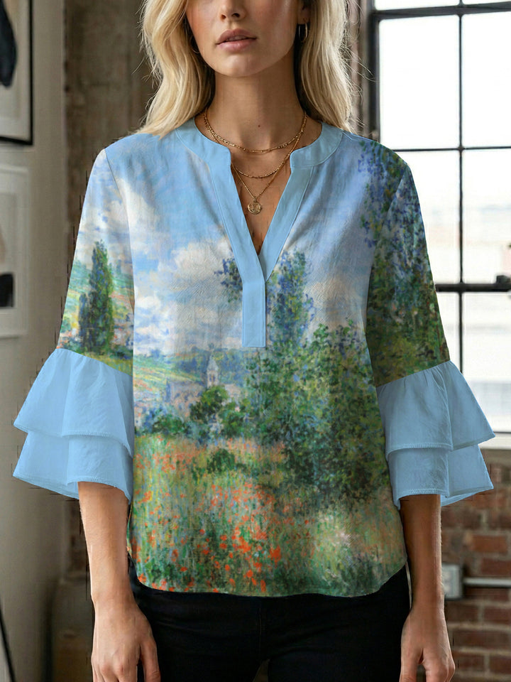 Women's casual blouse with ruffled sleeves and botanical print Lune London