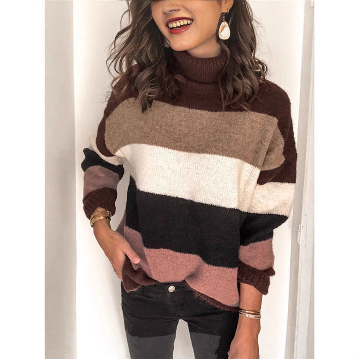 Stylish knitted sweater for women with a relaxed roll neck and chic color block design