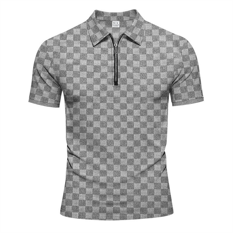 Modern short-sleeved polo for men with zipper and check pattern Lune London