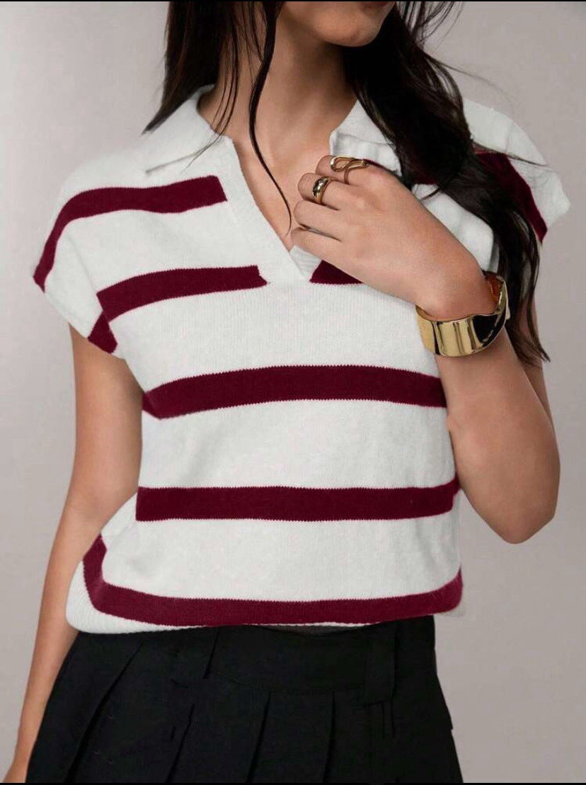 Women Short striped short sleeve sweater with polo collar Lune London
