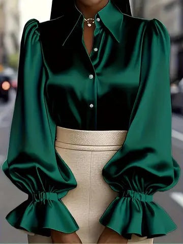 Ladies elegant silk blouse with puff sleeves and chic button placket Lune London