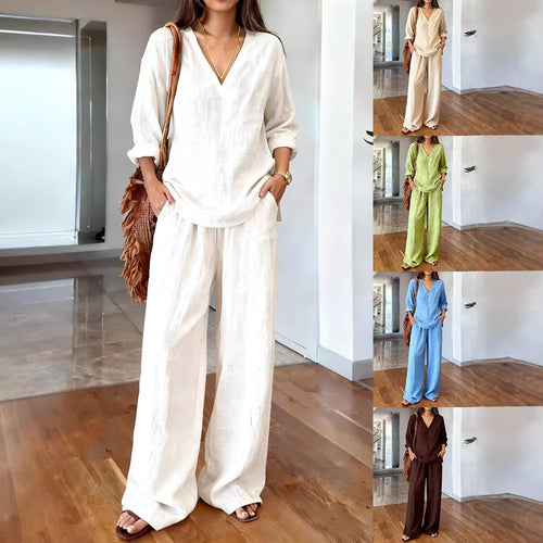 Women's Lightweight Summer Pants with Loose Fit and V-Neck Shirt Lune London