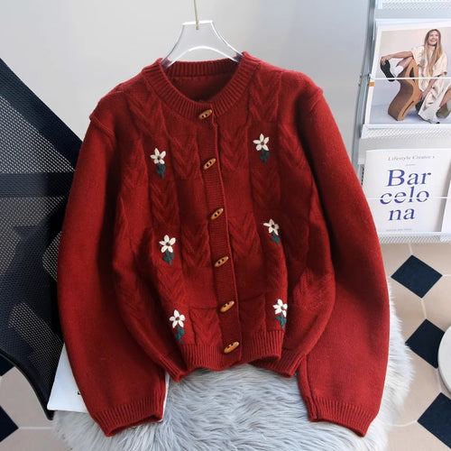 Knit jacket for women with floral cable pattern and wooden buttons Lune London