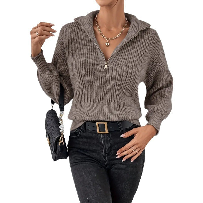Women's Fashionable Sweater with High Collar and Zipper Lune London