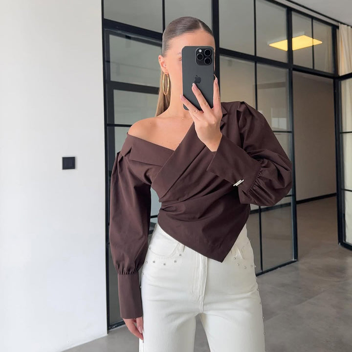 Lune London Elegant wrap blouse for women with asymmetric cut and puff sleeves