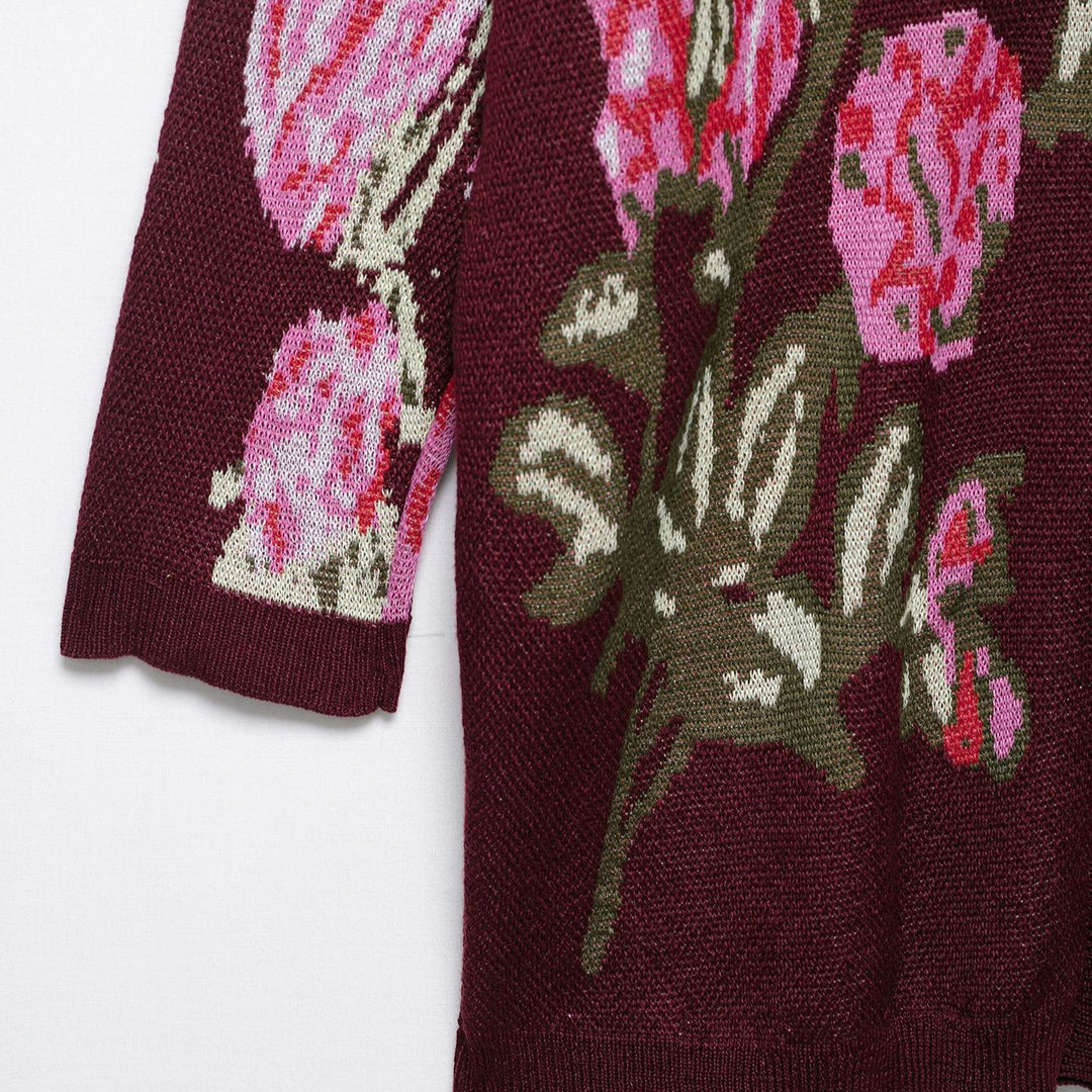 Knit jacket for women with floral pattern and deep V-neck Lune London