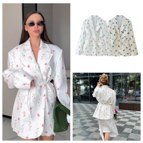 Fashion blazer jacket for women with floral pattern and waist belt Lune London