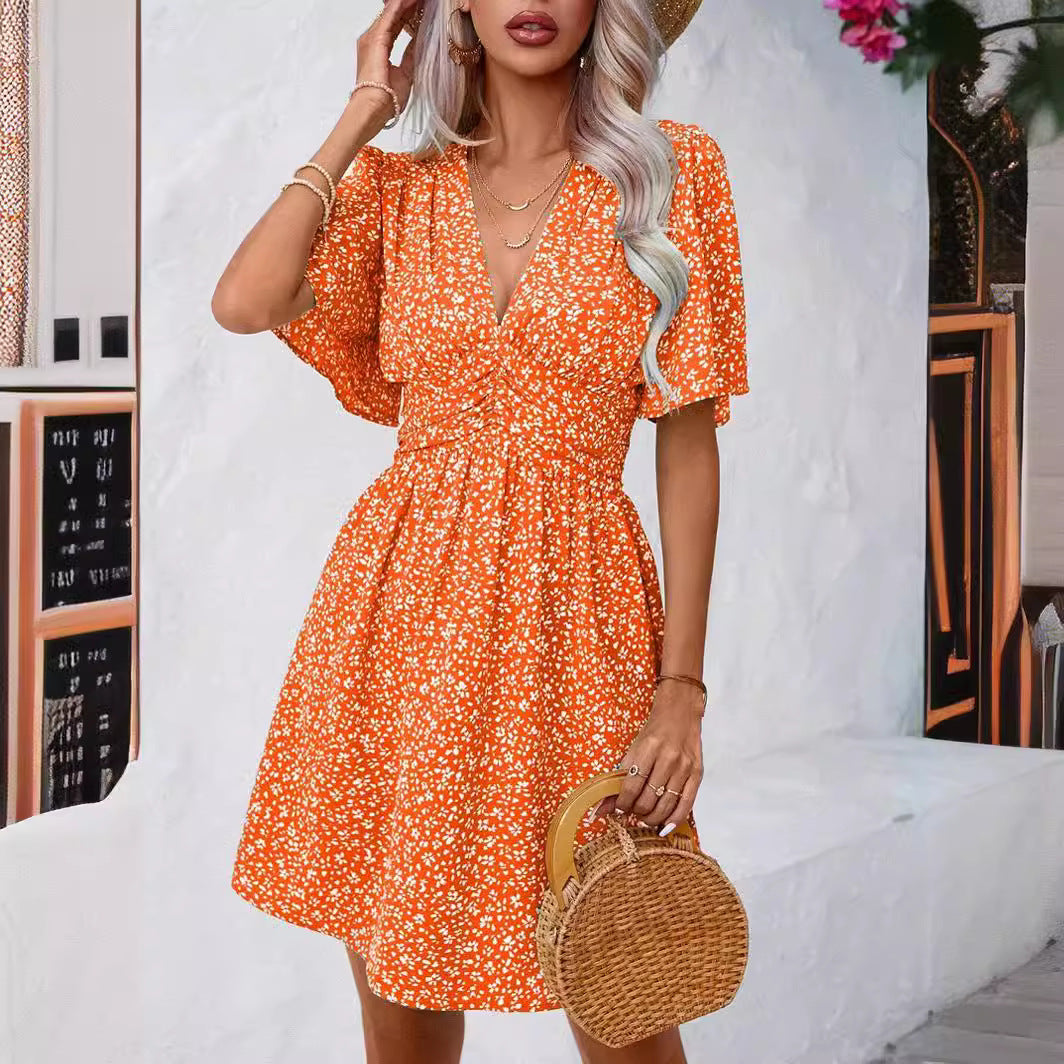 V-neck dress with snowflake pattern for women with puff sleeves and elastic belt Lune London