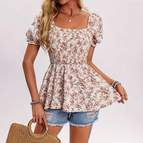 Women floral print blouse with puff sleeves and ruched top Lune London