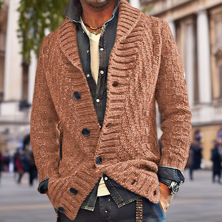 Men's knitted jacket with a modern cable pattern and Lune London button details