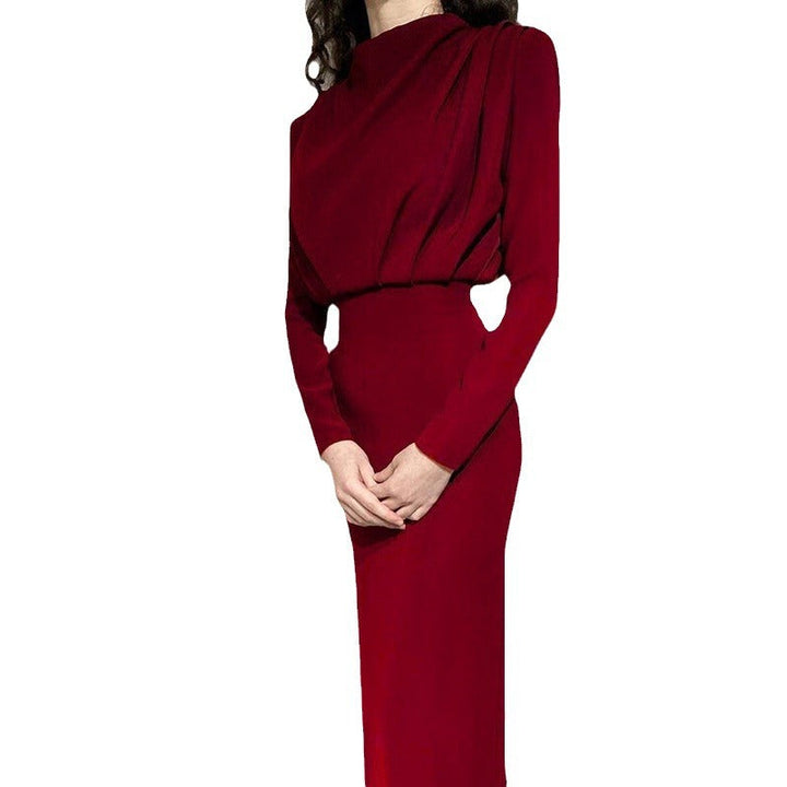 Women's Floor Contact Dress with Elegant Stand Collar and Gatherings Lune London