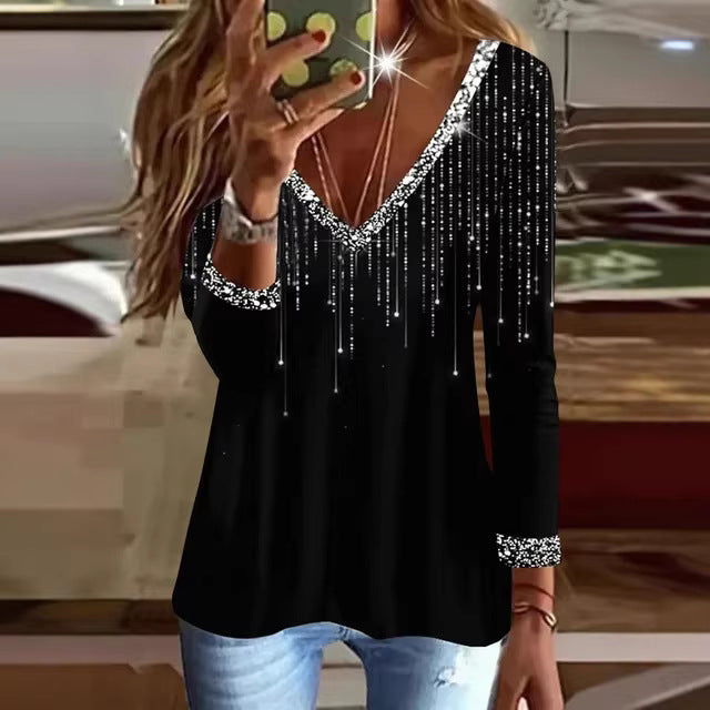 Ladies Glittering V-Neck Sweater with Elegant Rhinestone Details Chic & Stil