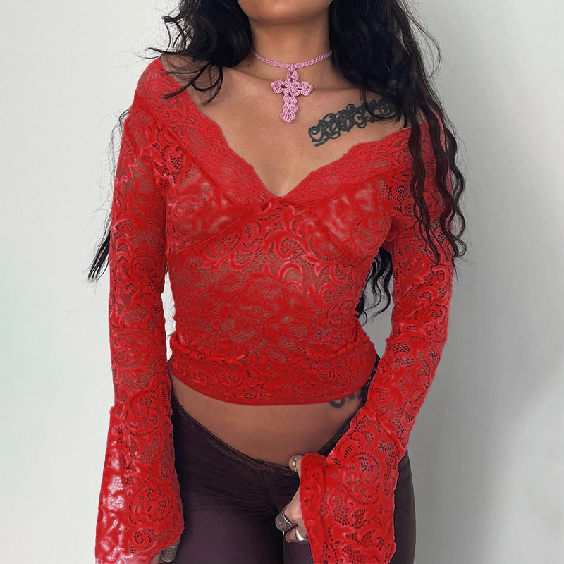 Women's lace top with a deep V-neck and long sleeves Lune London