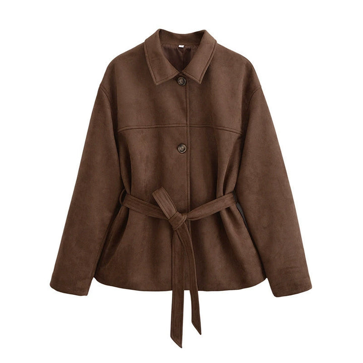 Ladies Fashionable Suede Jacket with Waist Belt and Voluminous Sleeves Lune London