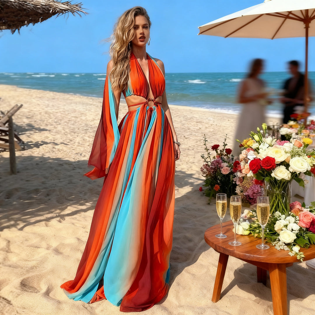 Ladies' maxi dress with sophisticated wrap look and flattering body design Lune London