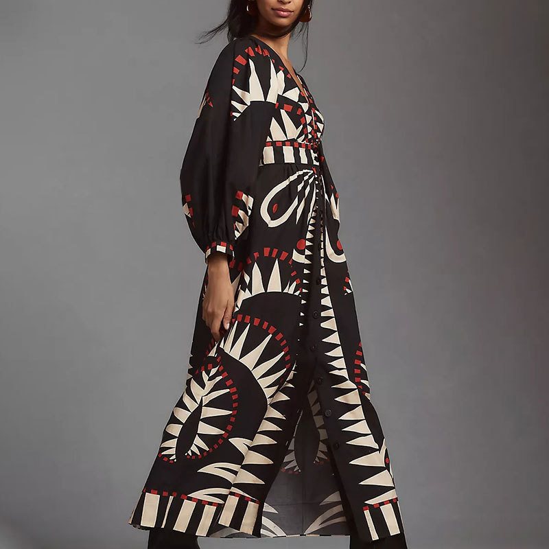Maxi dress for women with an original geometric pattern and an elegant button placket Lune London
