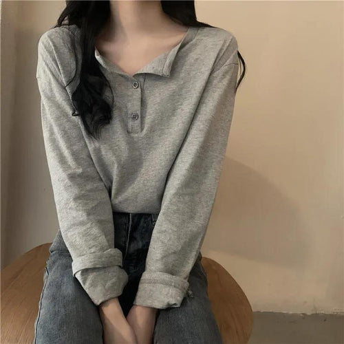 Women's Long Sleeve Henley Shirt with Modern Collar and Continuous Button Placket Lune London