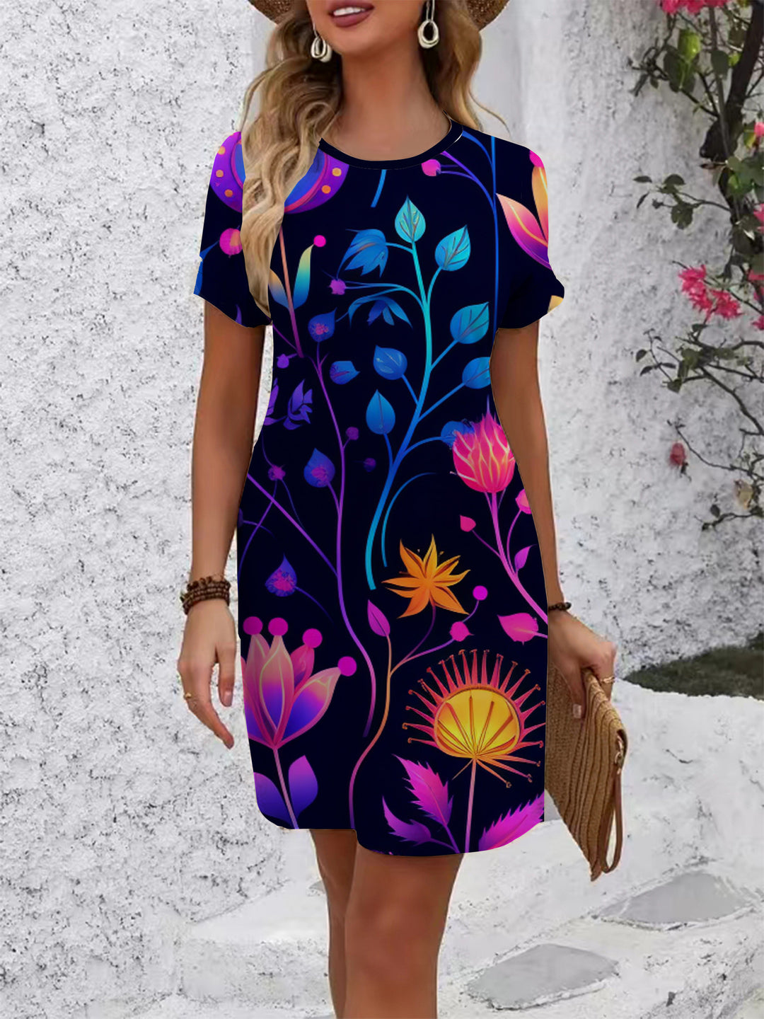 Women's casual T-shirt dress with colorful floral pattern and comfortable fit Lune London
