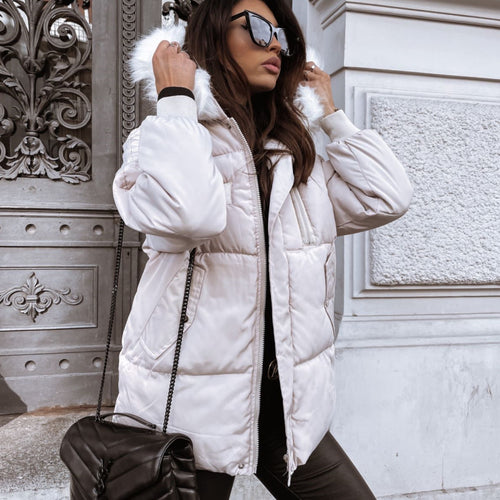 Ladies padded outdoor jacket with removable hood and faux fur collar Lune London