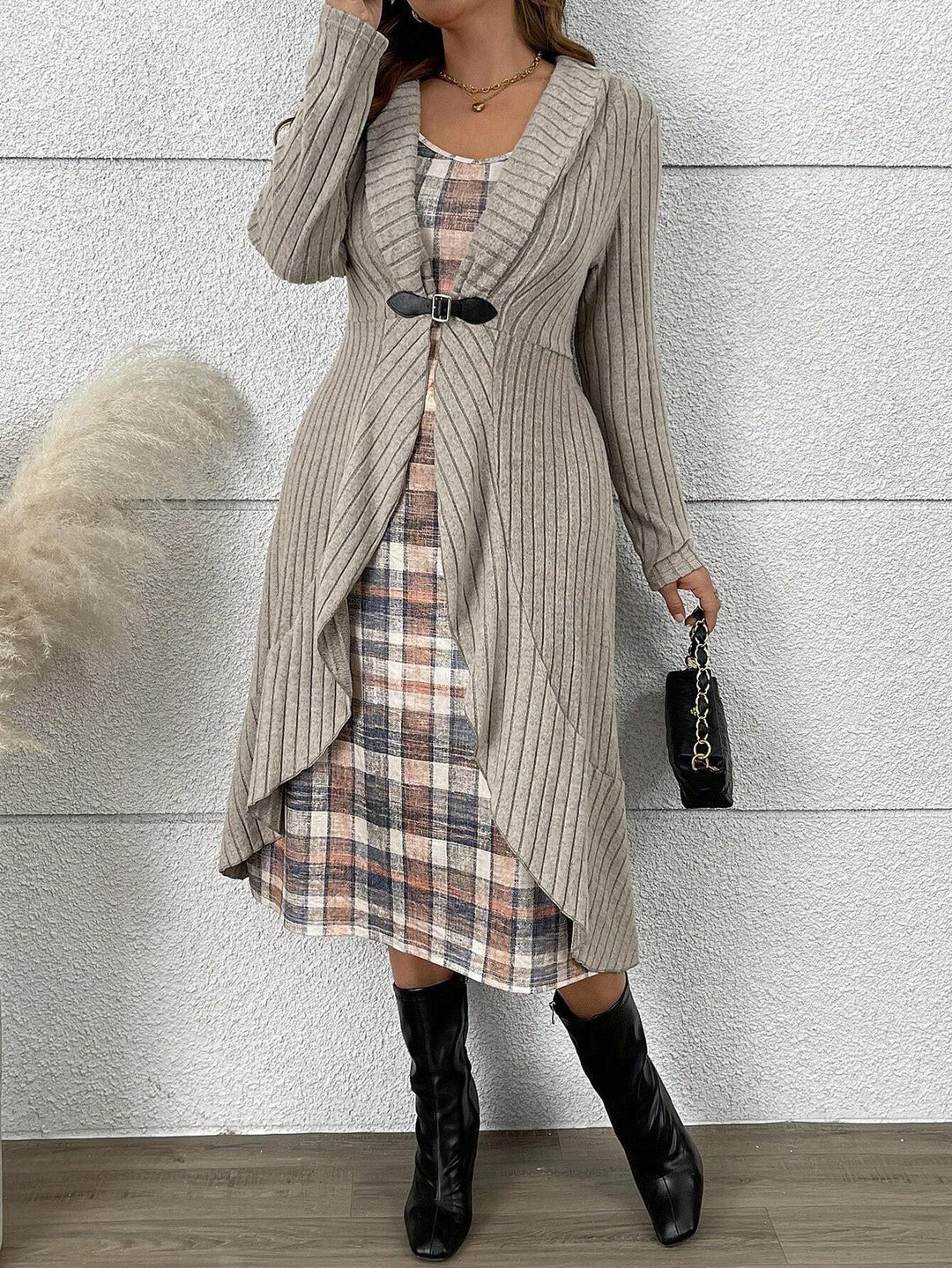 Knitted jacket for women with asymmetrical cut and decorative belt Lune London