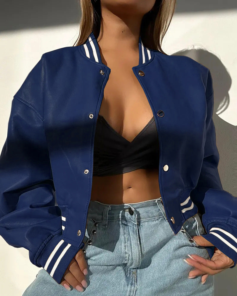 Ladies sporty leather jacket with striped collar Lune London