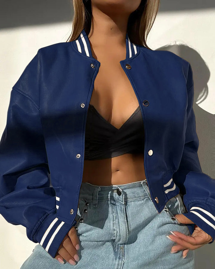 Ladies sporty leather jacket with striped collar Lune London