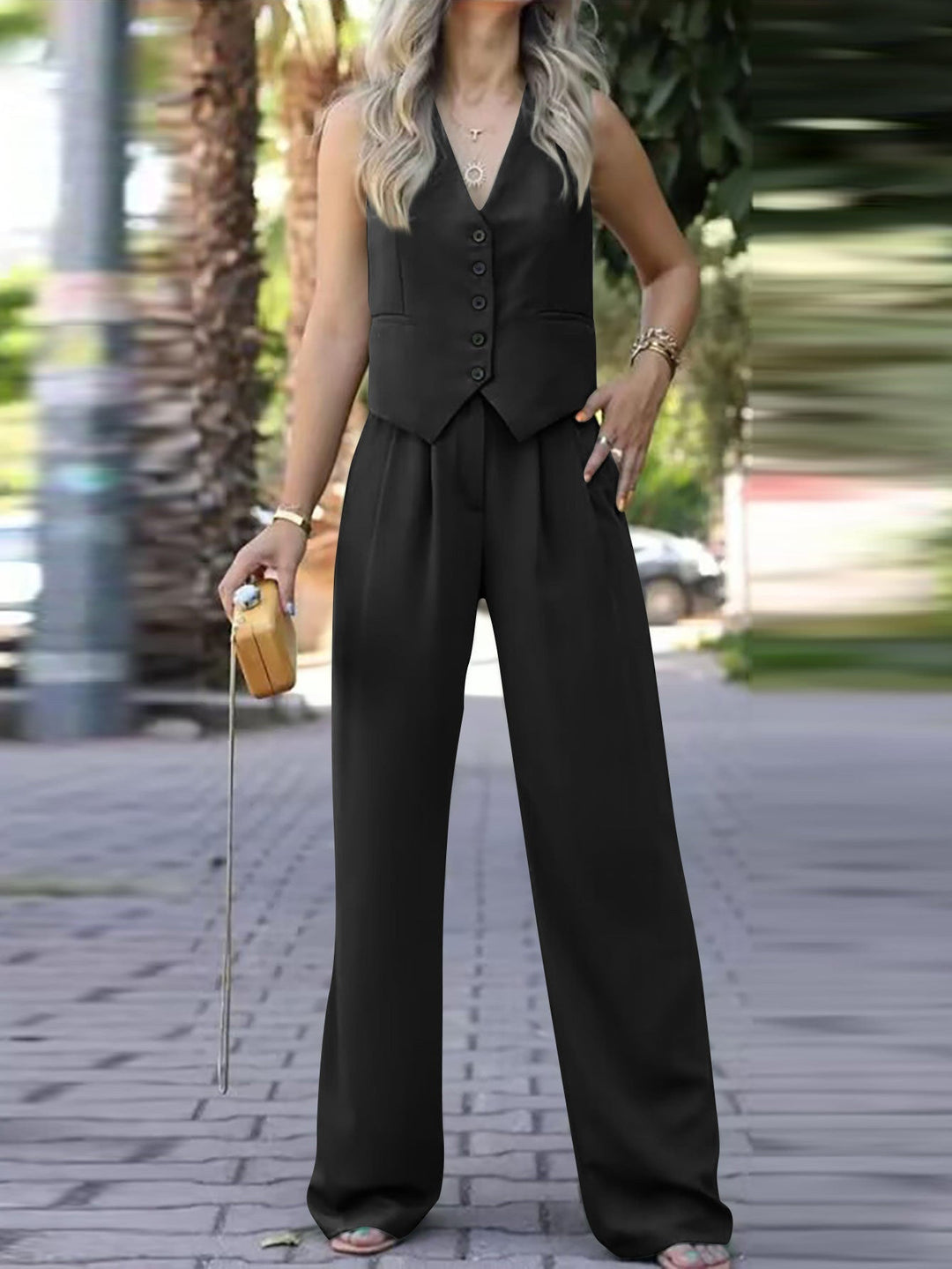 Lune London | Sleeveless V-neck Vest with Wide Leg Pants Ensemble