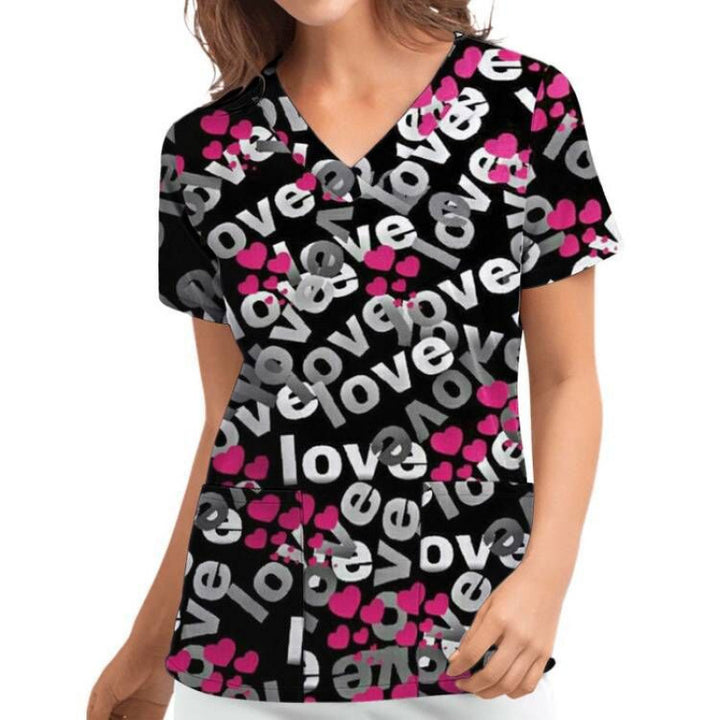Women V Neck Heart Pattern Chic Medical Blouse and Style
