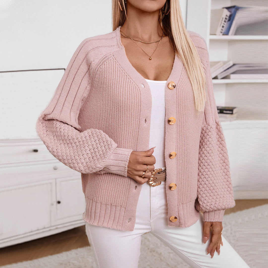 Women knitted cardigan with structured sleeves and wood details Lune London